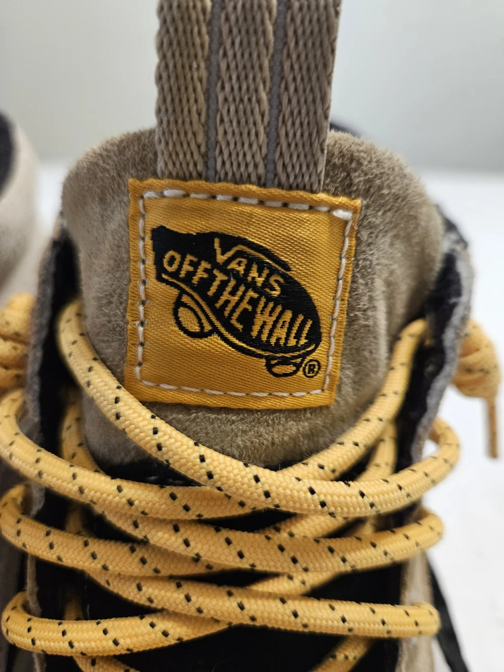 Vans Men’s Off The Wall Tan High-Top Sneakers with Yellow Laces